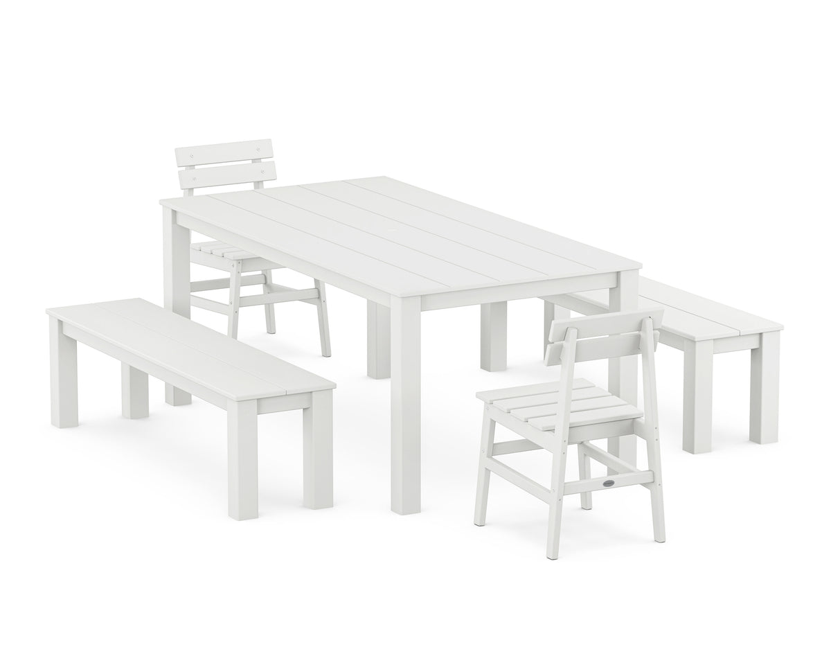 POLYWOOD Modern Studio Plaza Chair 5-Piece Parsons Dining Set with Benches - 38" x 72" Table in White