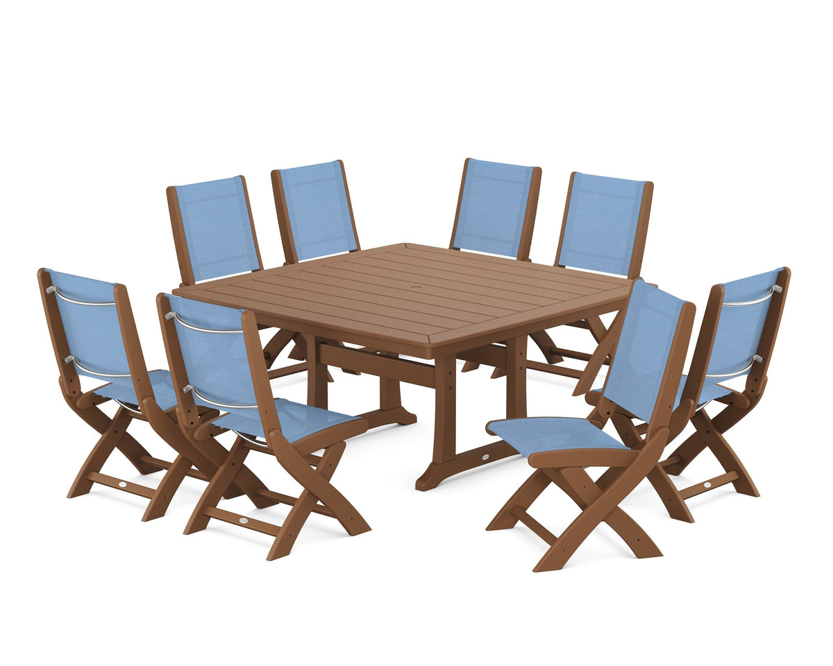 POLYWOOD Coastal Folding Side Chair 9-Piece Dining Set with Trestle Legs in Teak / Poolside