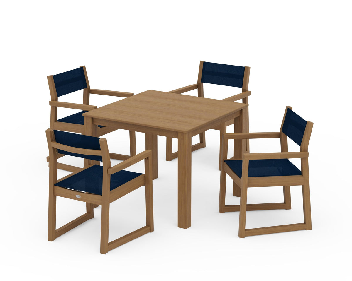POLYWOOD EDGE Sling Arm Chair 5-Piece Parsons Dining Set in Natural / Navy Blue