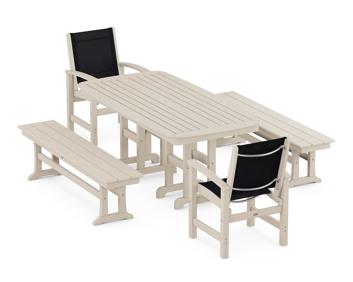 POLYWOOD Coastal 5-Piece Dining Set with Nautical 37" x 72" Dining Table in Sand / Black