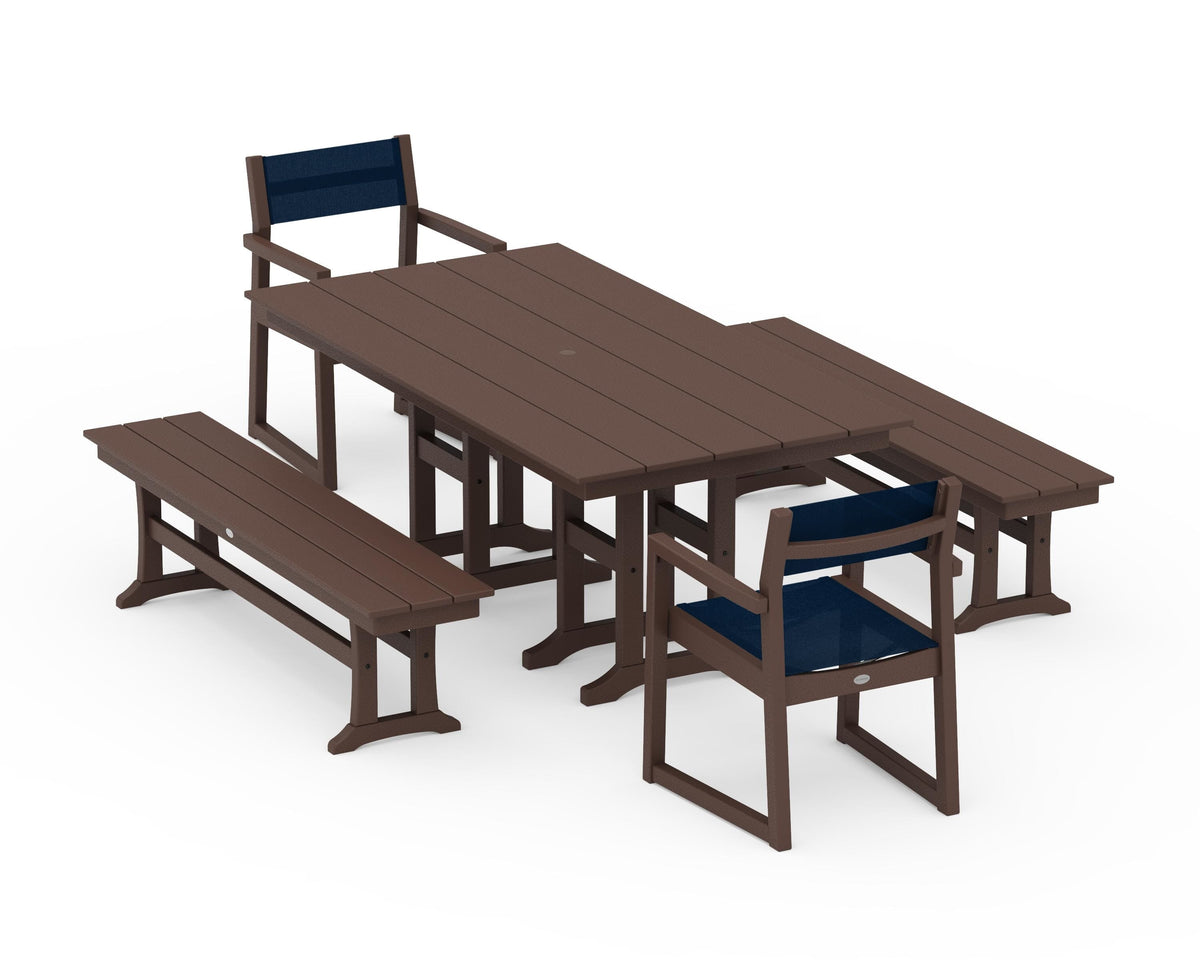 POLYWOOD EDGE Sling Arm Chair 5-Piece Farmhouse Dining Set with Benches in Mahogany / Navy Blue