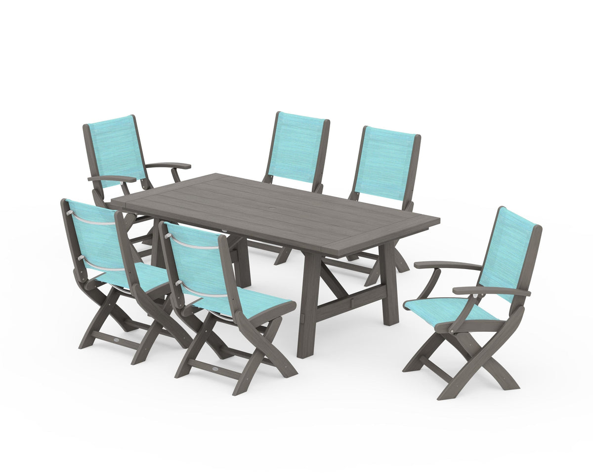 POLYWOOD Coastal Folding Chair 7-Piece Rustic Farmhouse Dining Set in Driftwood / Dupioni Aquamarine