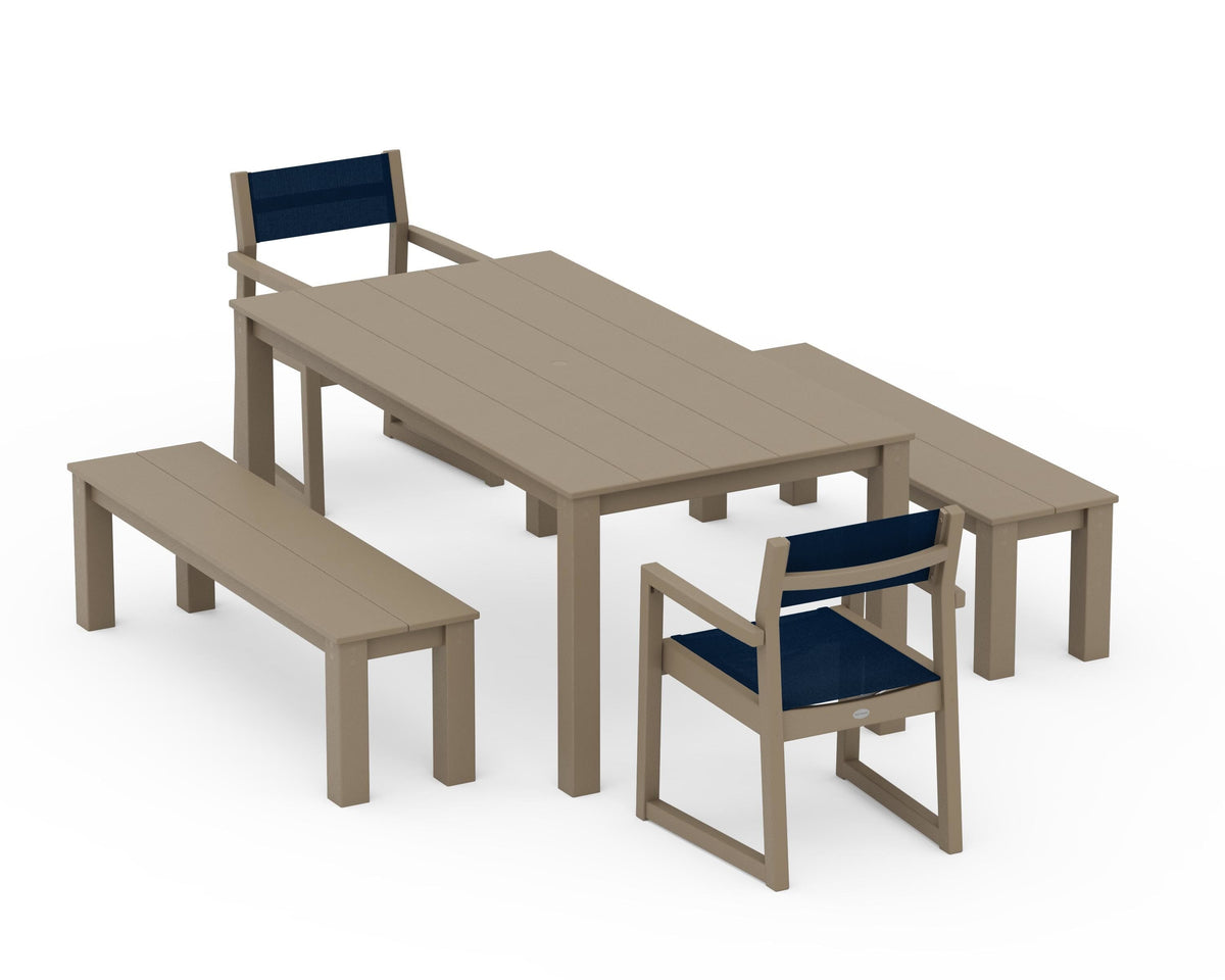 POLYWOOD EDGE Sling Arm Chair 5-Piece Parsons Dining Set with Benches in Vintage Sahara / Navy Blue