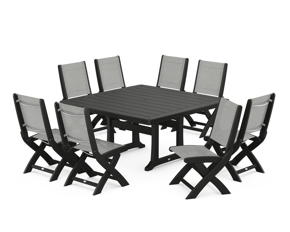 POLYWOOD Coastal Folding Side Chair 9-Piece Dining Set with Trestle Legs in Black / Metallic
