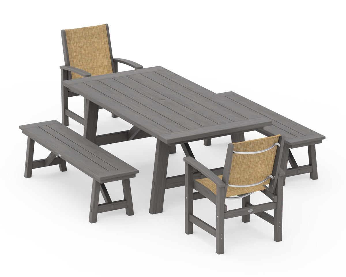 POLYWOOD Coastal 5-Piece Rustic Farmhouse Dining Set With Benches in Driftwood / Burlap