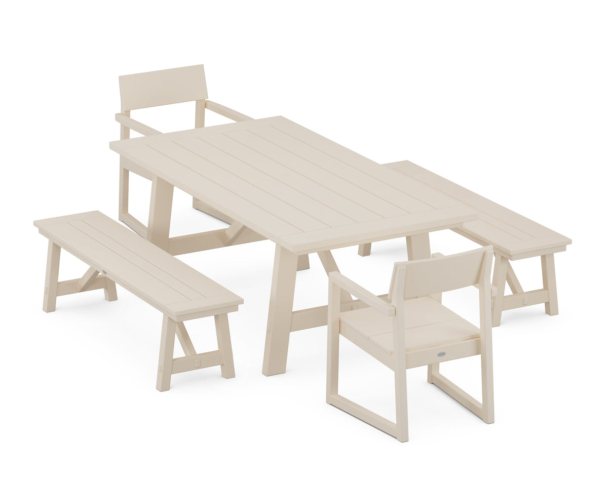 POLYWOOD EDGE 5-Piece Rustic Farmhouse Dining Set with Benches in Sand