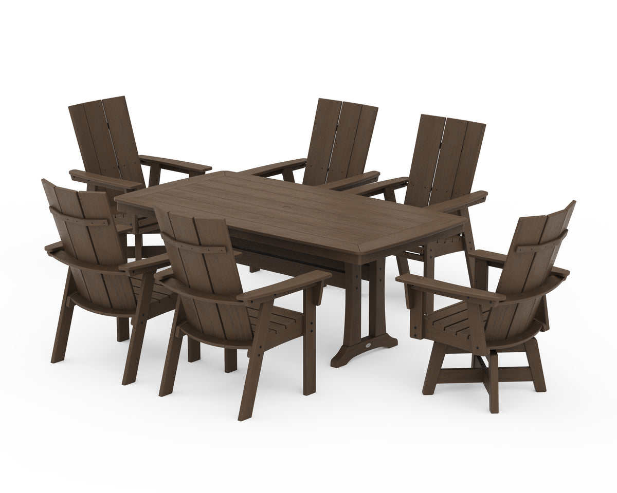 POLYWOOD Modern Adirondack Swivel Chair 7-Piece Dining Set with Trestle Legs in Kona