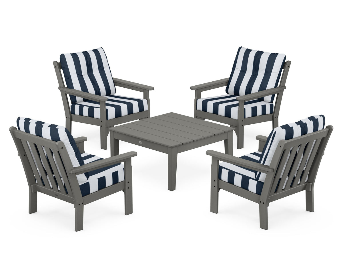 POLYWOOD Vineyard 5-Piece Deep Seating Conversation Set in Slate Grey / Cabana Stripe Marine Indigo