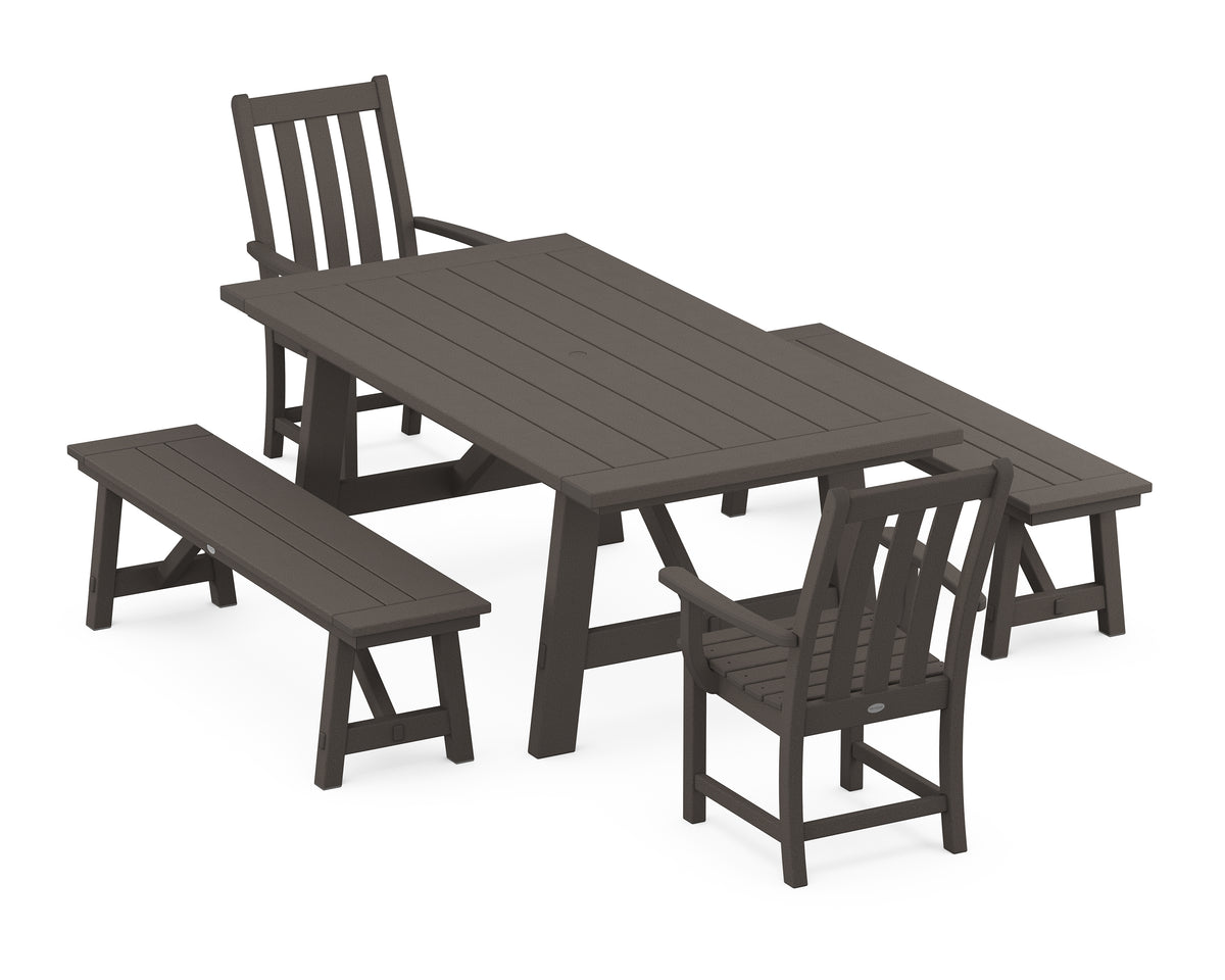 POLYWOOD Vineyard 5-Piece Rustic Farmhouse Dining Set with Benches in Vintage Coffee