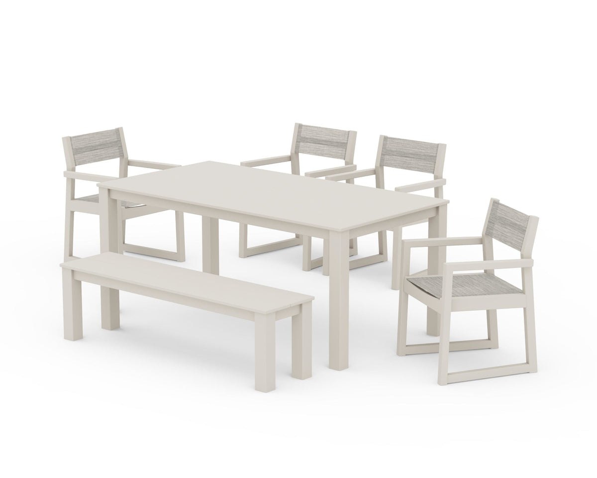 POLYWOOD EDGE Sling Arm Chair 6-Piece Parsons Dining Set with Bench in Sand / Birch