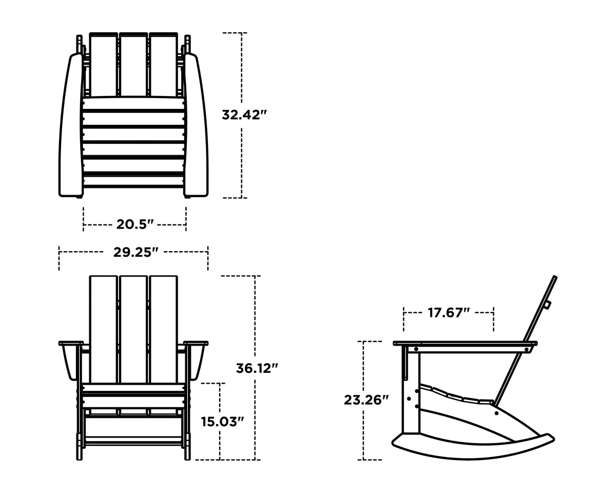 POLYWOOD Modern Adirondack Rocking Chair dimension drawing with width, depth and height measurements