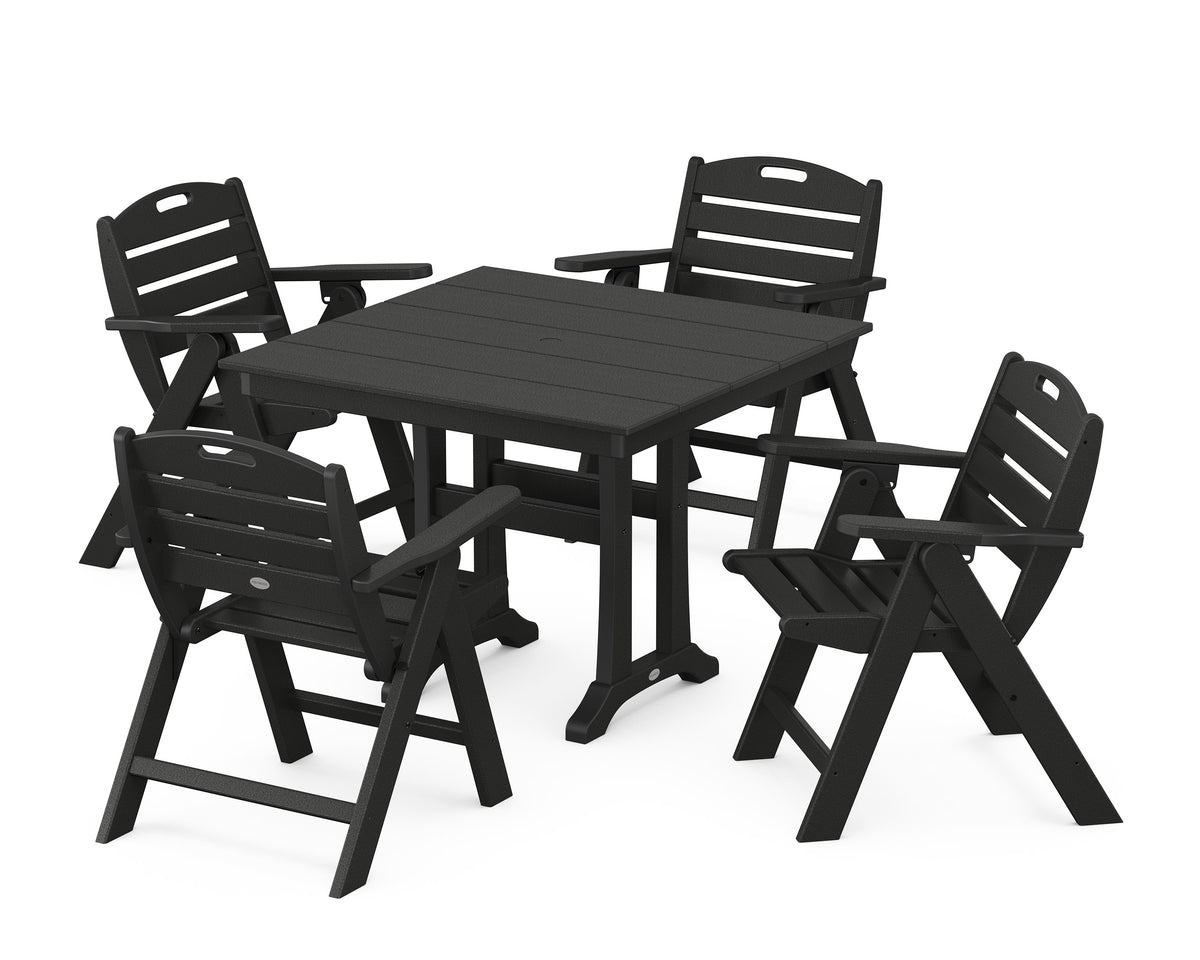 POLYWOOD Nautical Folding Lowback Chair 5-Piece Farmhouse Dining Set with Trestle Legs - 37" Table in Black