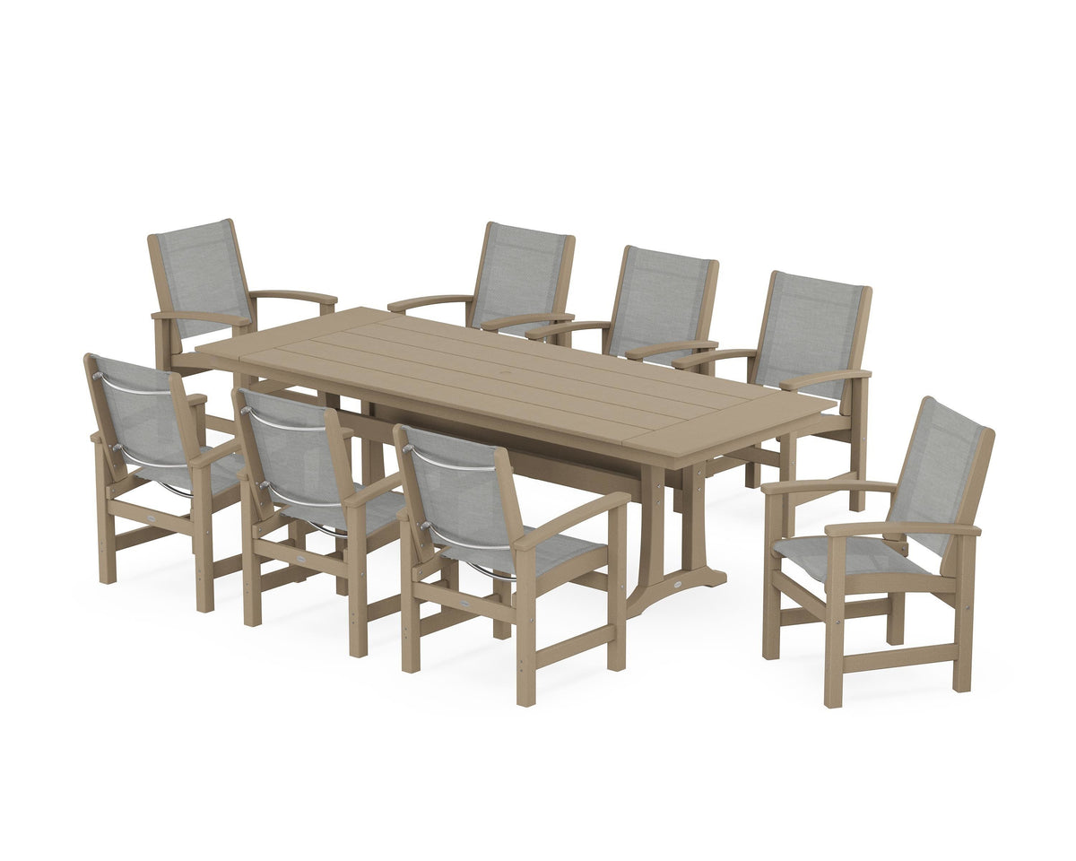 POLYWOOD Coastal 9-Piece Farmhouse Dining Set with Trestle Legs in Vintage Sahara / Metallic
