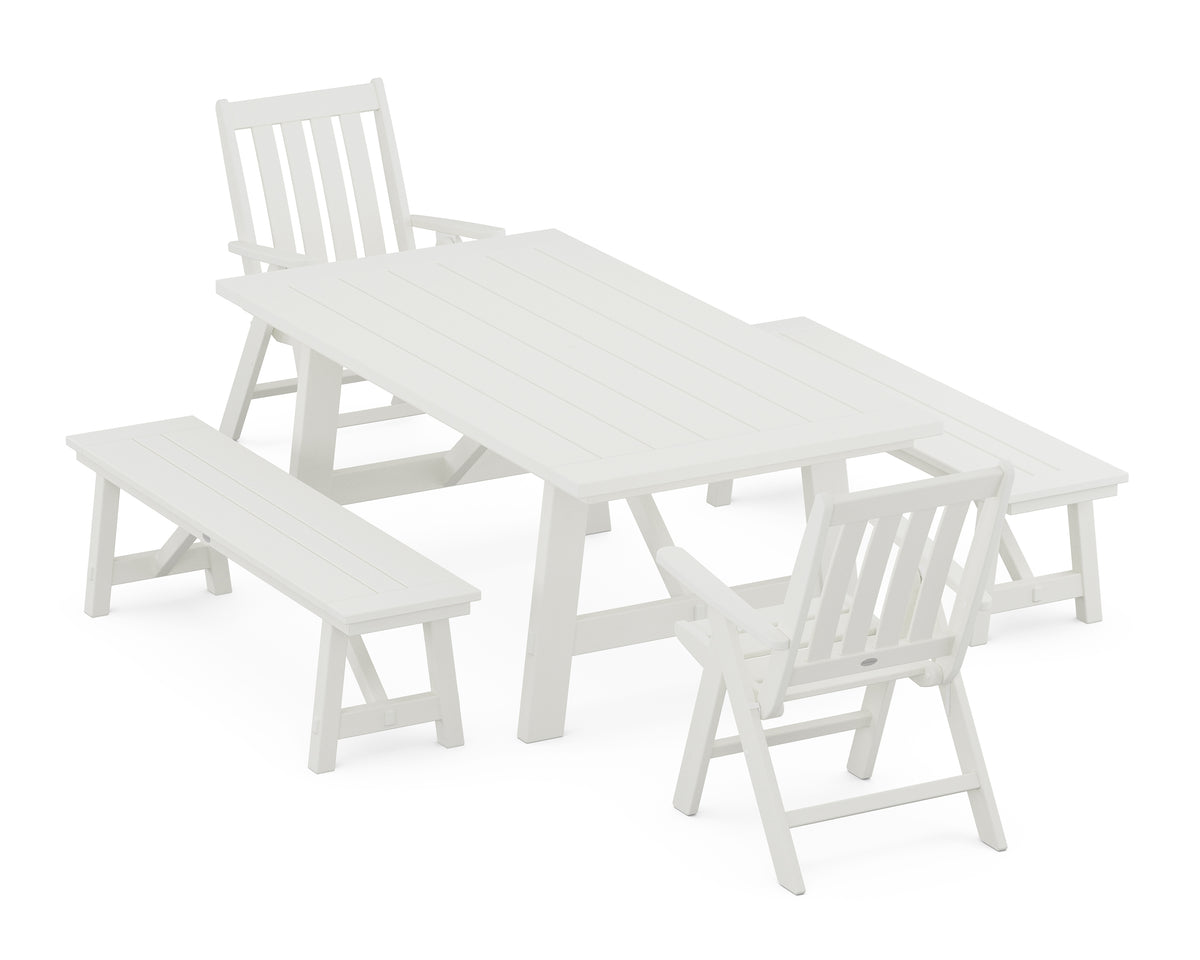 POLYWOOD Vineyard Folding Chair 5-Piece Rustic Farmhouse Dining Set with Benches in Vintage White