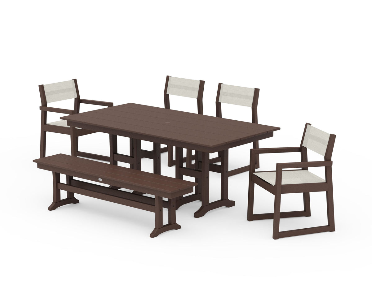 POLYWOOD EDGE Sling 6-Piece Farmhouse Dining Set in Mahogany / Parchment