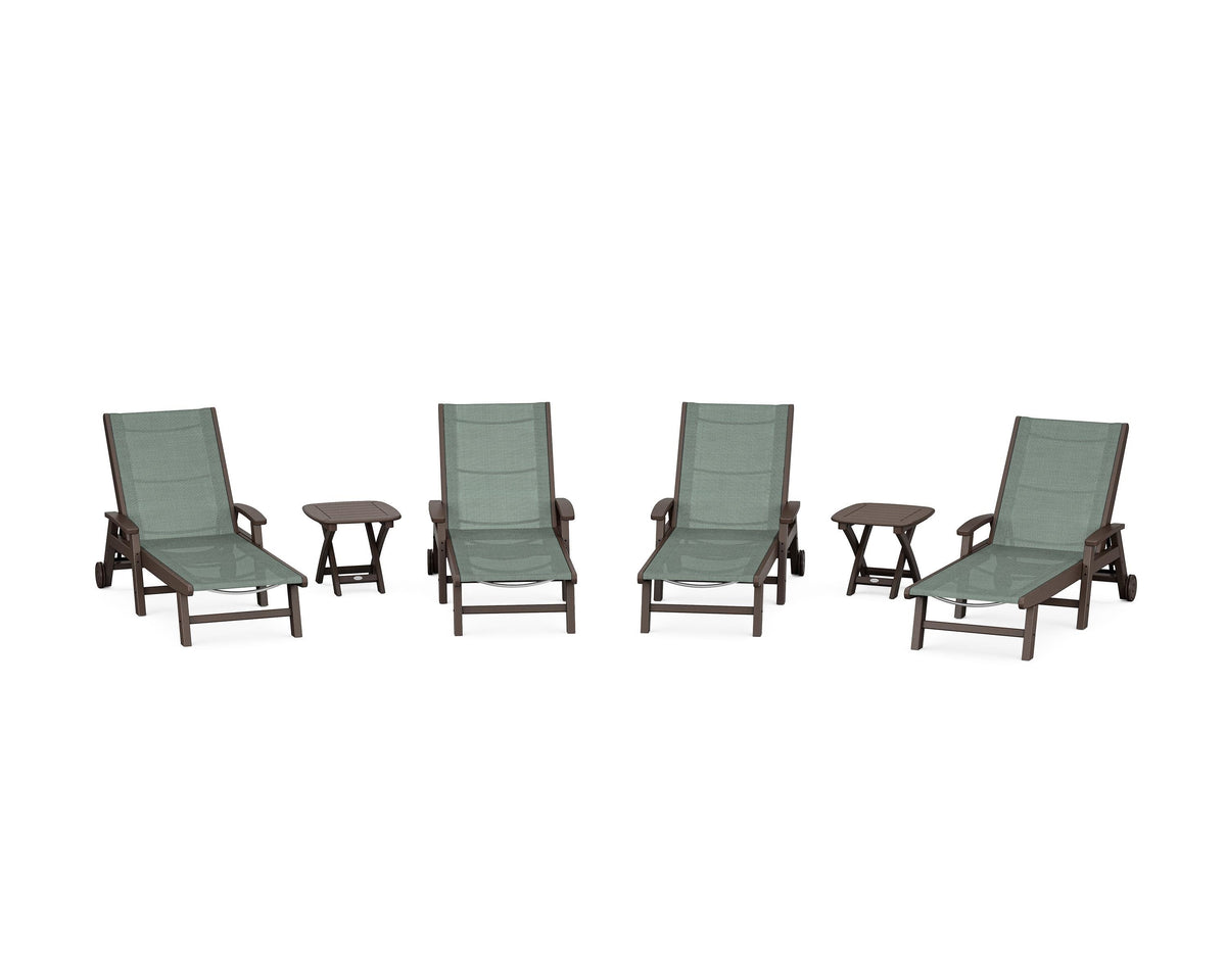 POLYWOOD Coastal Chaise 6-Piece Set with Wheels in Mahogany / Dupioni Sea Mist