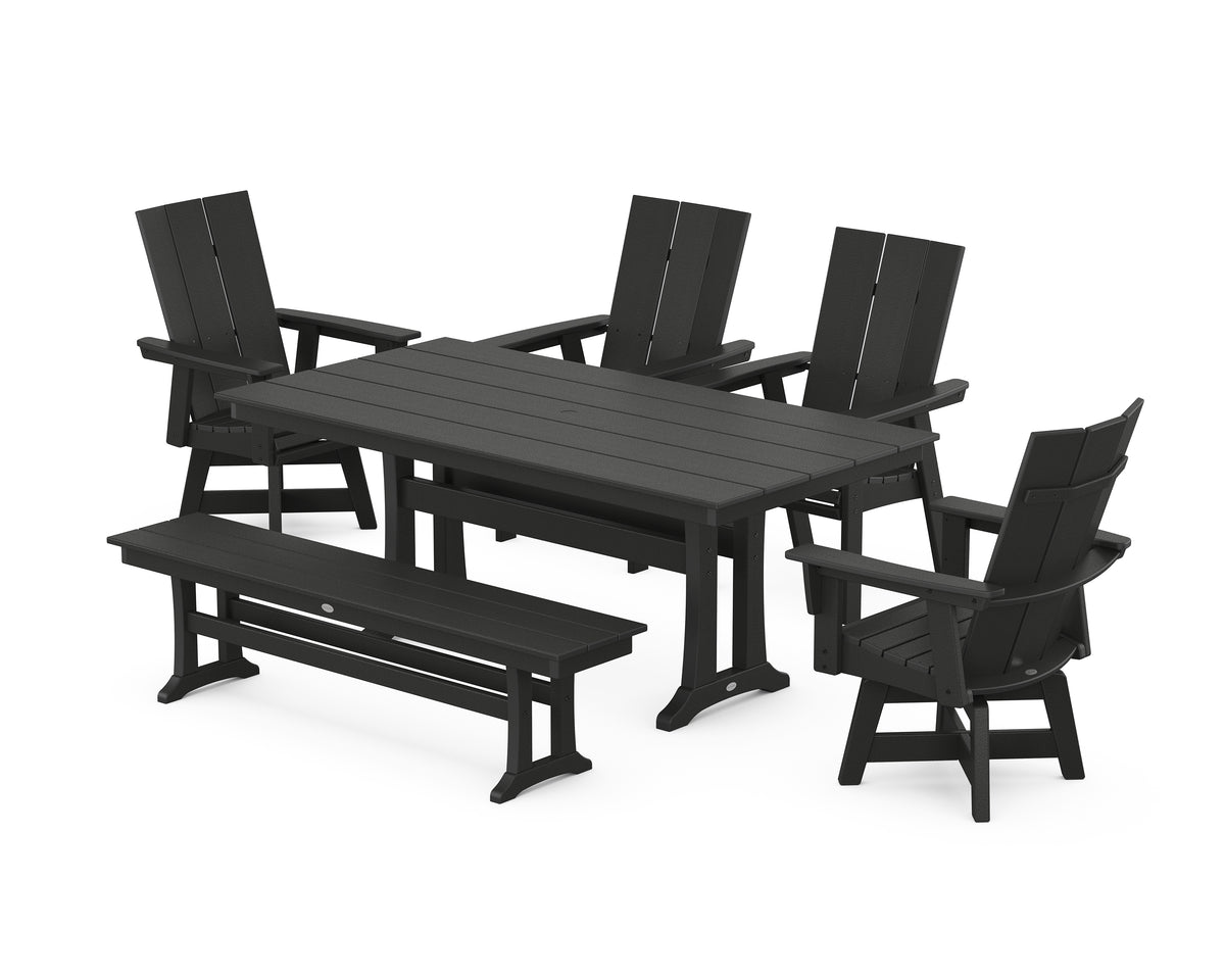 POLYWOOD Modern Curveback Adirondack Swivel Chair 6-Piece Farmhouse Dining Set with Trestle Legs and Bench in Black