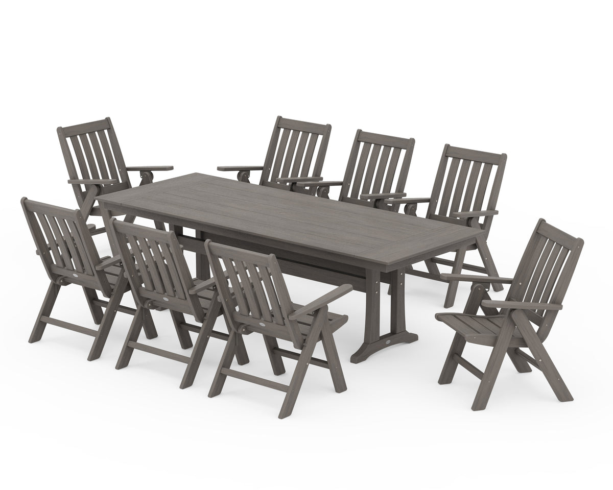 POLYWOOD Vineyard Folding 9-Piece Farmhouse Dining Set with Trestle Legs in Driftwood