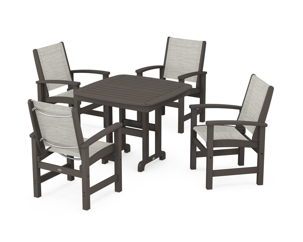 POLYWOOD Coastal 5-Piece Dining Set with Nautical 37" Dining Table in Vintage Coffee / Birch