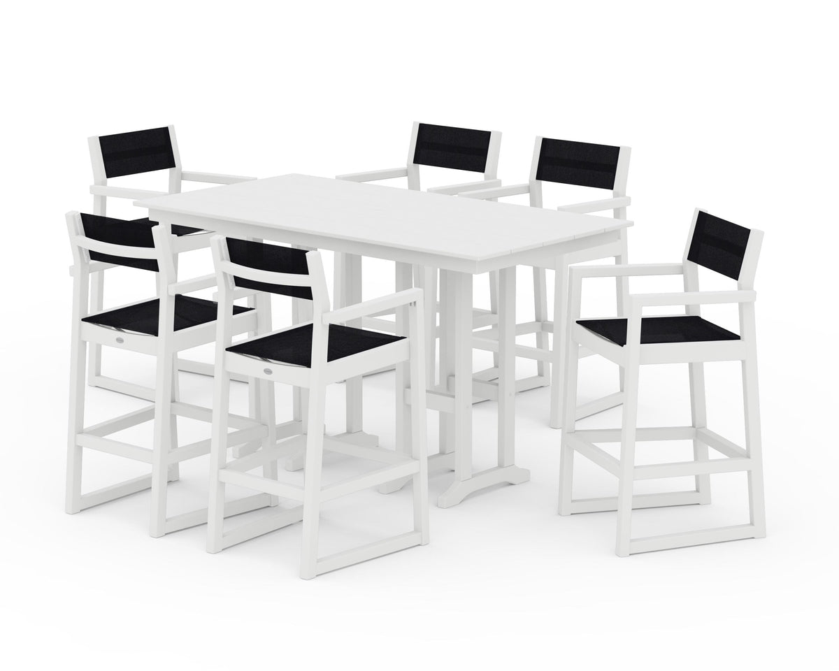 POLYWOOD EDGE Sling Arm Chair 7-Piece Farmhouse Bar Set in White / Black