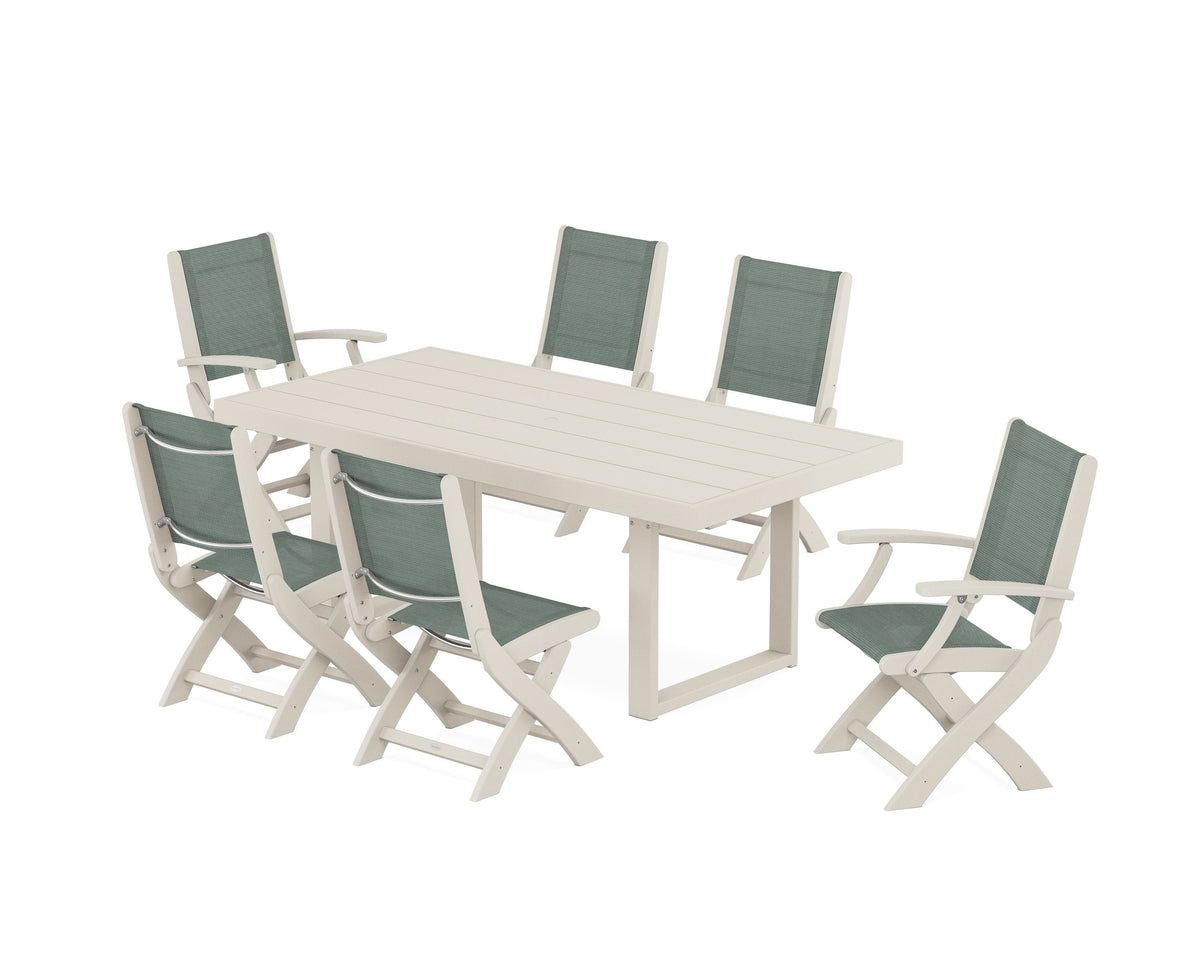 POLYWOOD Coastal Folding Chair 7-Piece Dining Set with Trestle Legs with EDGE 40" x 78" Dining Table in Sand / Dupioni Sea Mist
