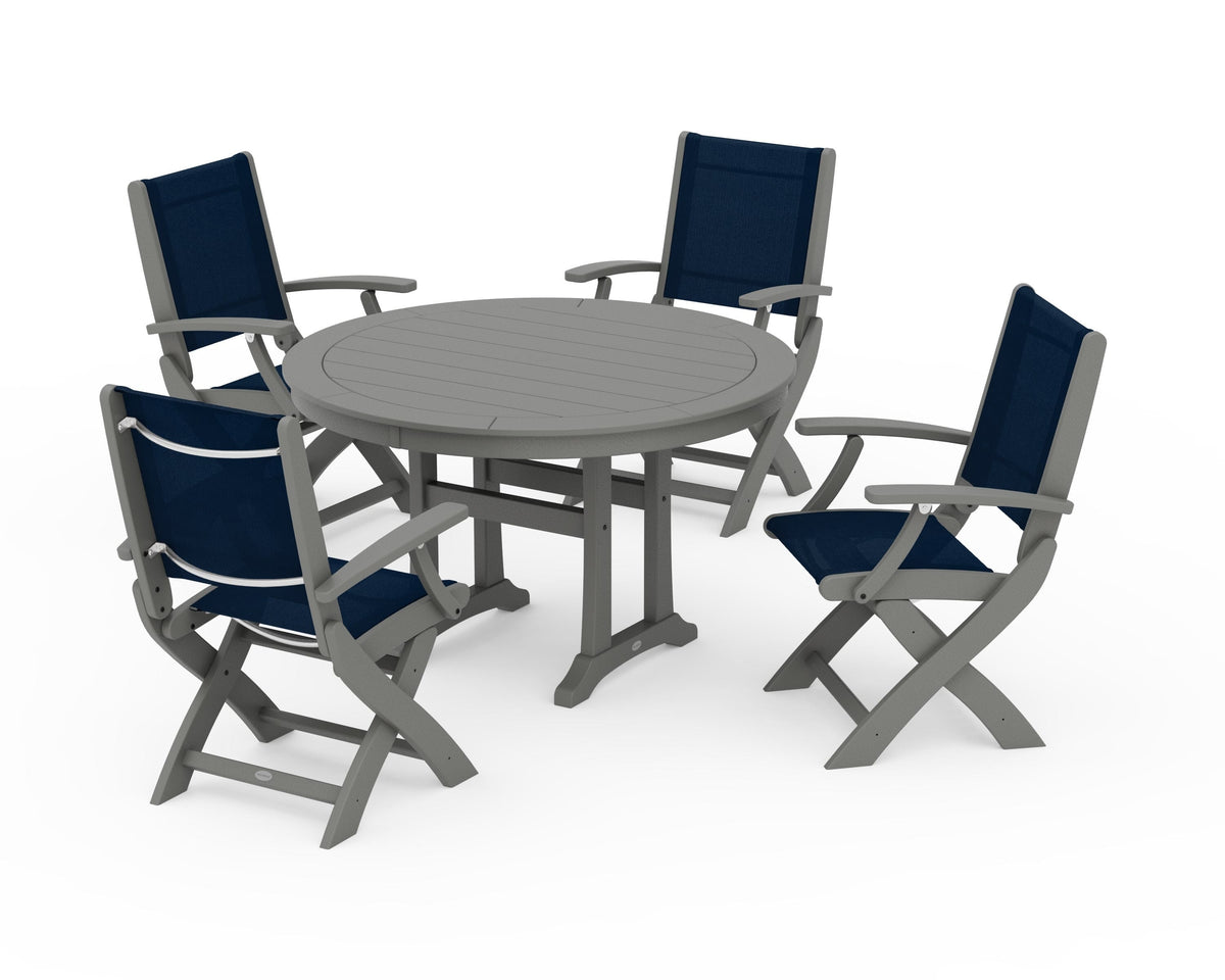 POLYWOOD Coastal Folding Chair 5-Piece Round Dining Set with Trestle Legs in Slate Grey / Navy Blue