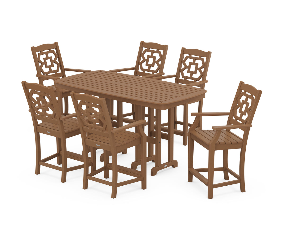 POLYWOOD Chinoiserie Arm Chair 7-Piece Counter Set in Teak