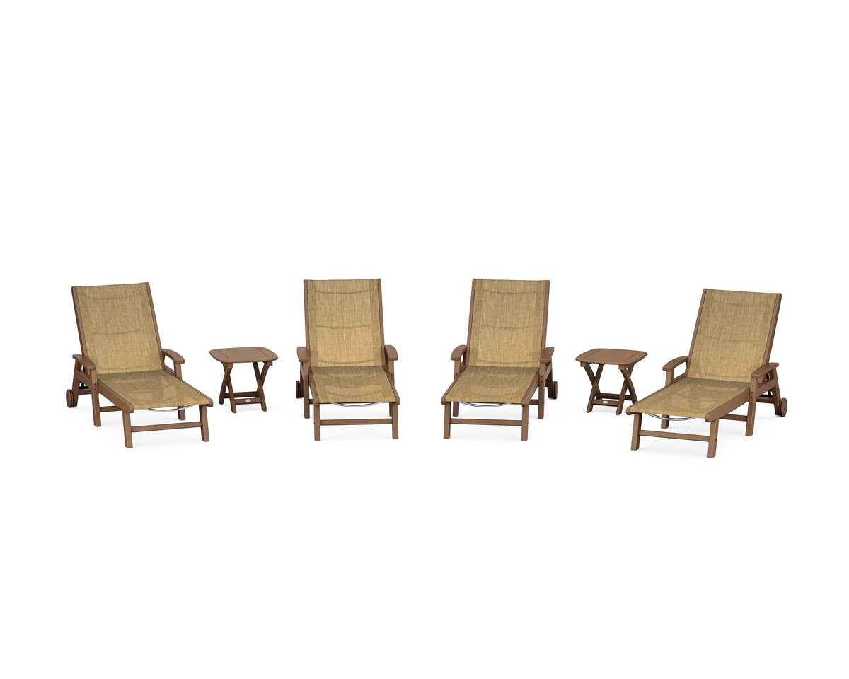 POLYWOOD Coastal Chaise 6-Piece Set with Wheels in Teak / Burlap