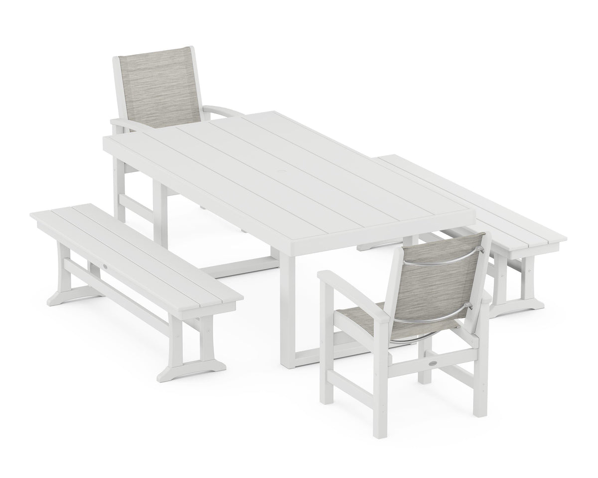POLYWOOD Coastal 5-Piece Dining Set with Trestle Legs with EDGE 40" x 78" Dining Table in White / Birch
