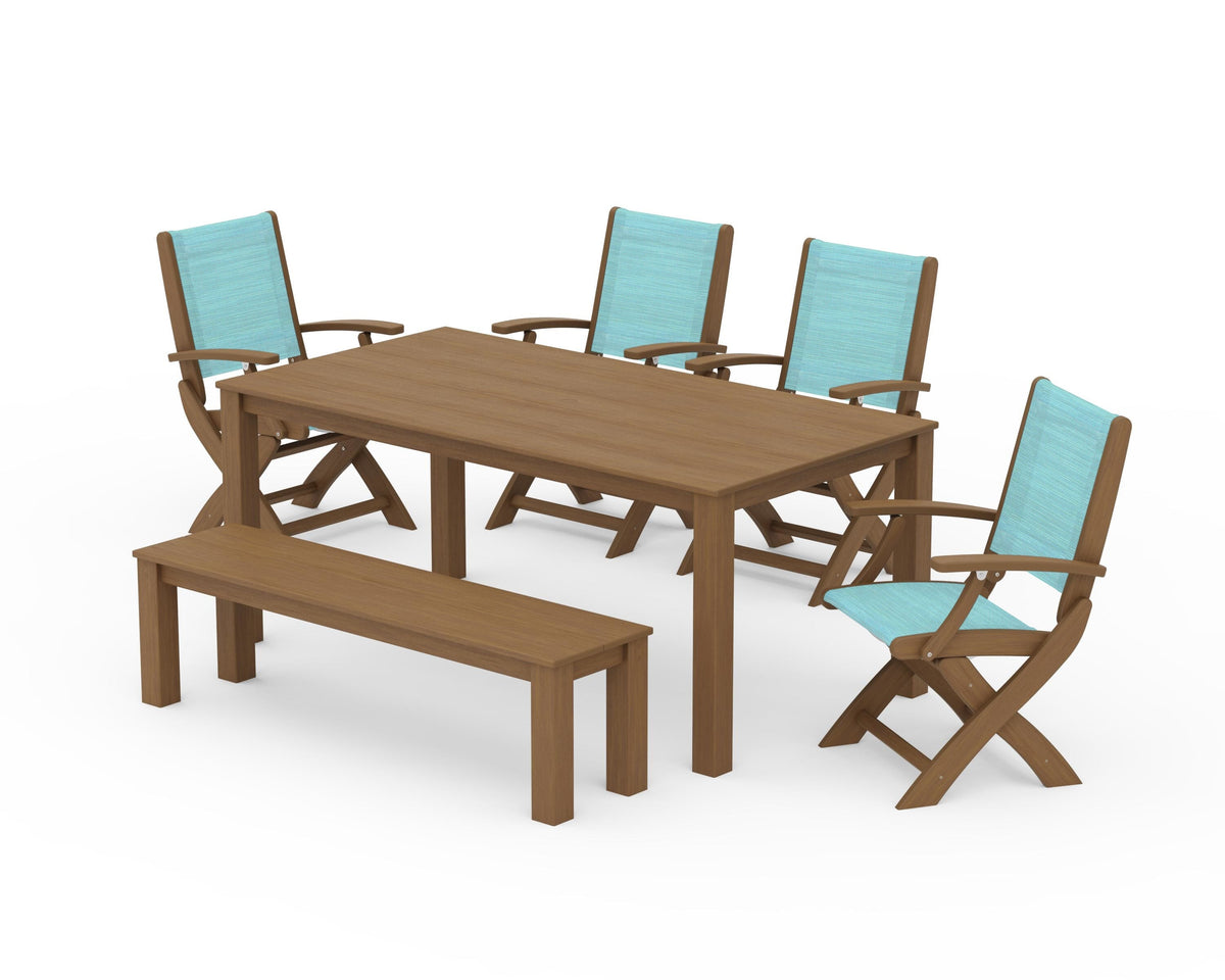 POLYWOOD Coastal Folding Chair 6-Piece Parsons Dining Set with Bench in Natural / Dupioni Aquamarine