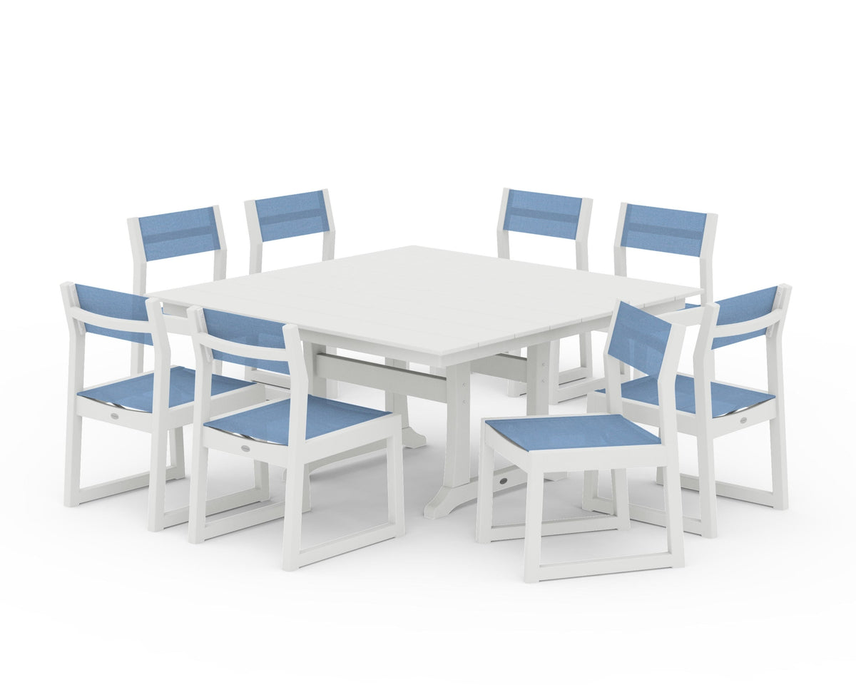 POLYWOOD EDGE Sling Side Chair 9-Piece Farmhouse Trestle Dining Set in Vintage White / Poolside