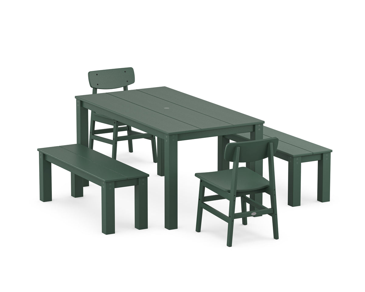 POLYWOOD Modern Studio Urban Chair 5-Piece Parsons Dining Set with Benches - 34" x 64" Table in Green