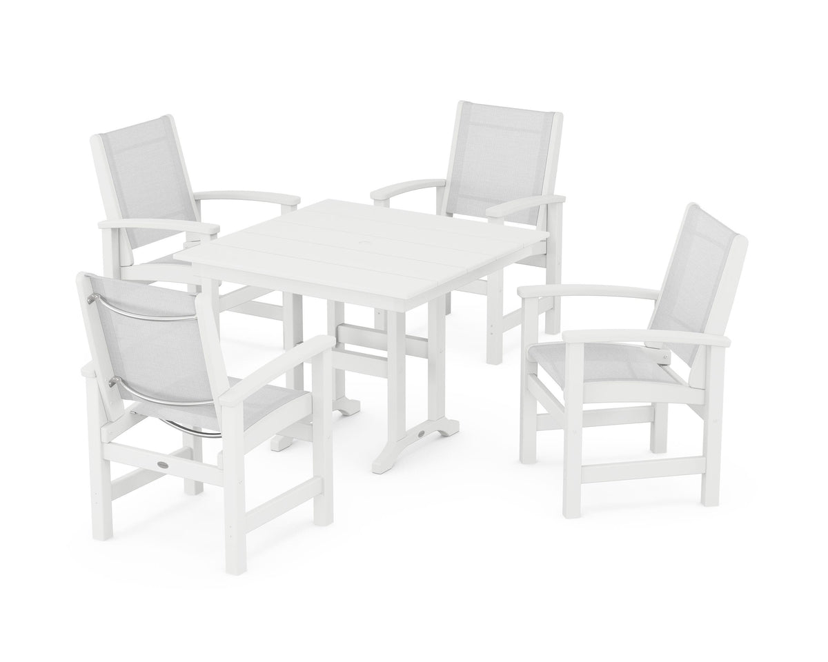 POLYWOOD Coastal 5-Piece Farmhouse Dining Set with Farmhouse 37" Dining Table in White / White