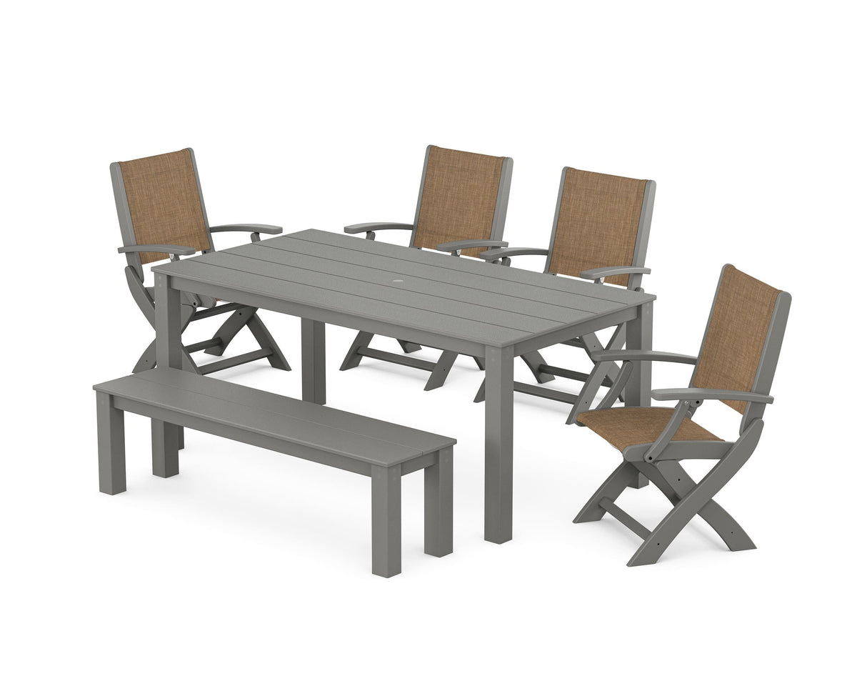 POLYWOOD Coastal Folding Chair 6-Piece Parsons Dining Set with Bench in Slate Grey / Burlap