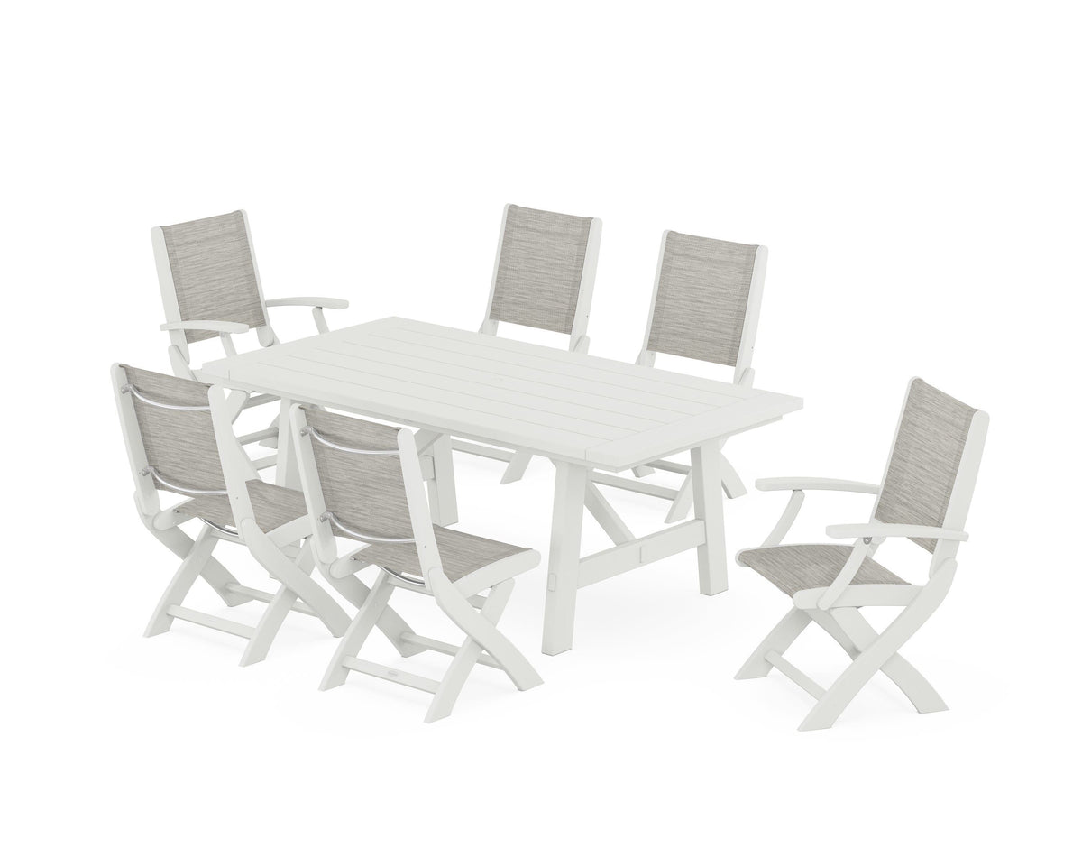 POLYWOOD Coastal Folding Chair 7-Piece Rustic Farmhouse Dining Set in Vintage White / Birch