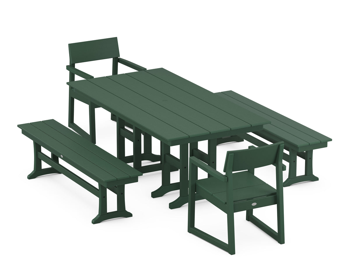 POLYWOOD EDGE 5-Piece Farmhouse Dining Set with Benches in Green