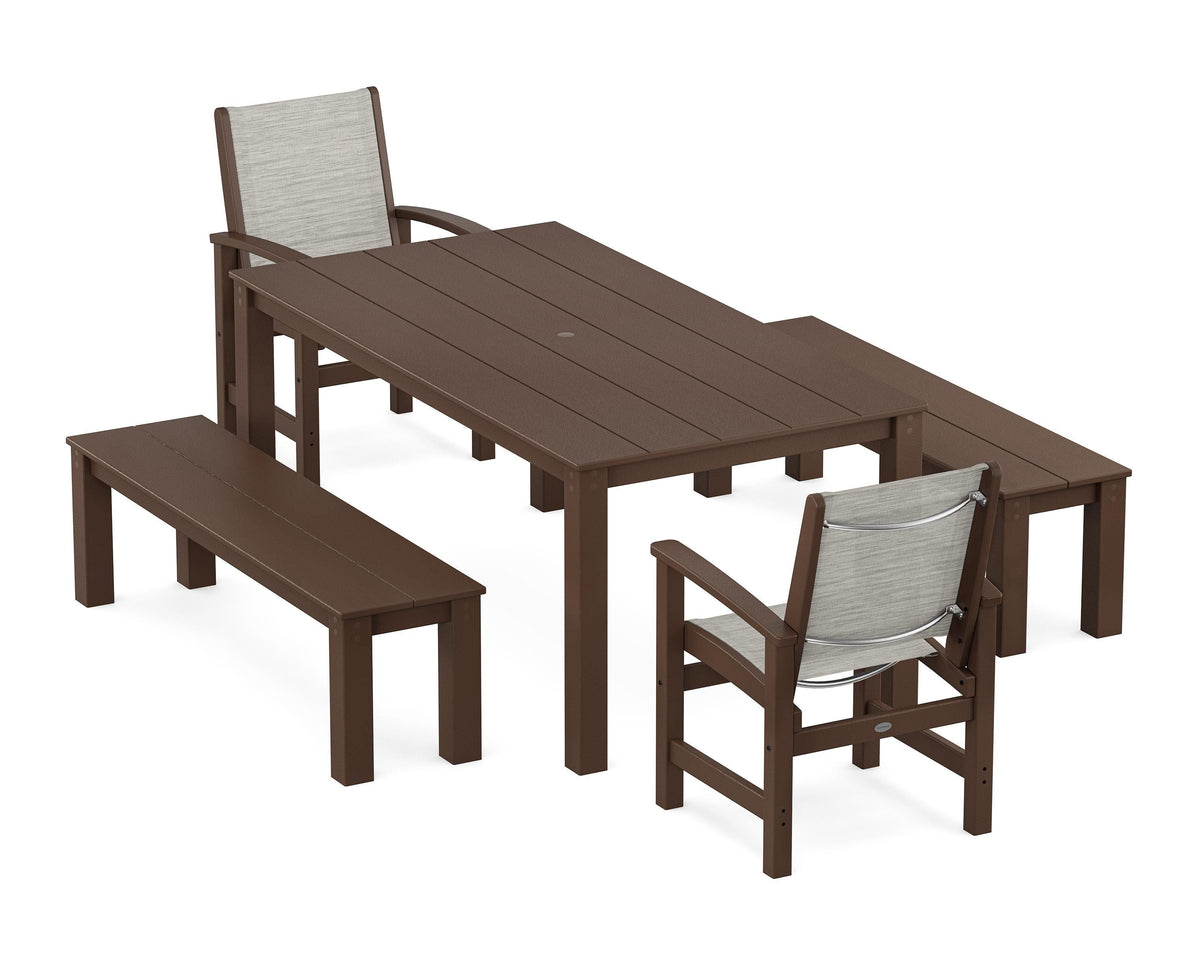 POLYWOOD Coastal 5-Piece Parsons Dining Set with Benches in Mahogany / Birch