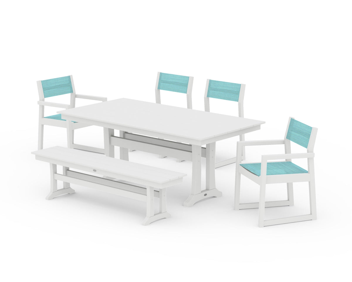 POLYWOOD EDGE Sling 6-Piece Farmhouse Dining Set With Trestle Legs in White / Dupioni Aquamarine