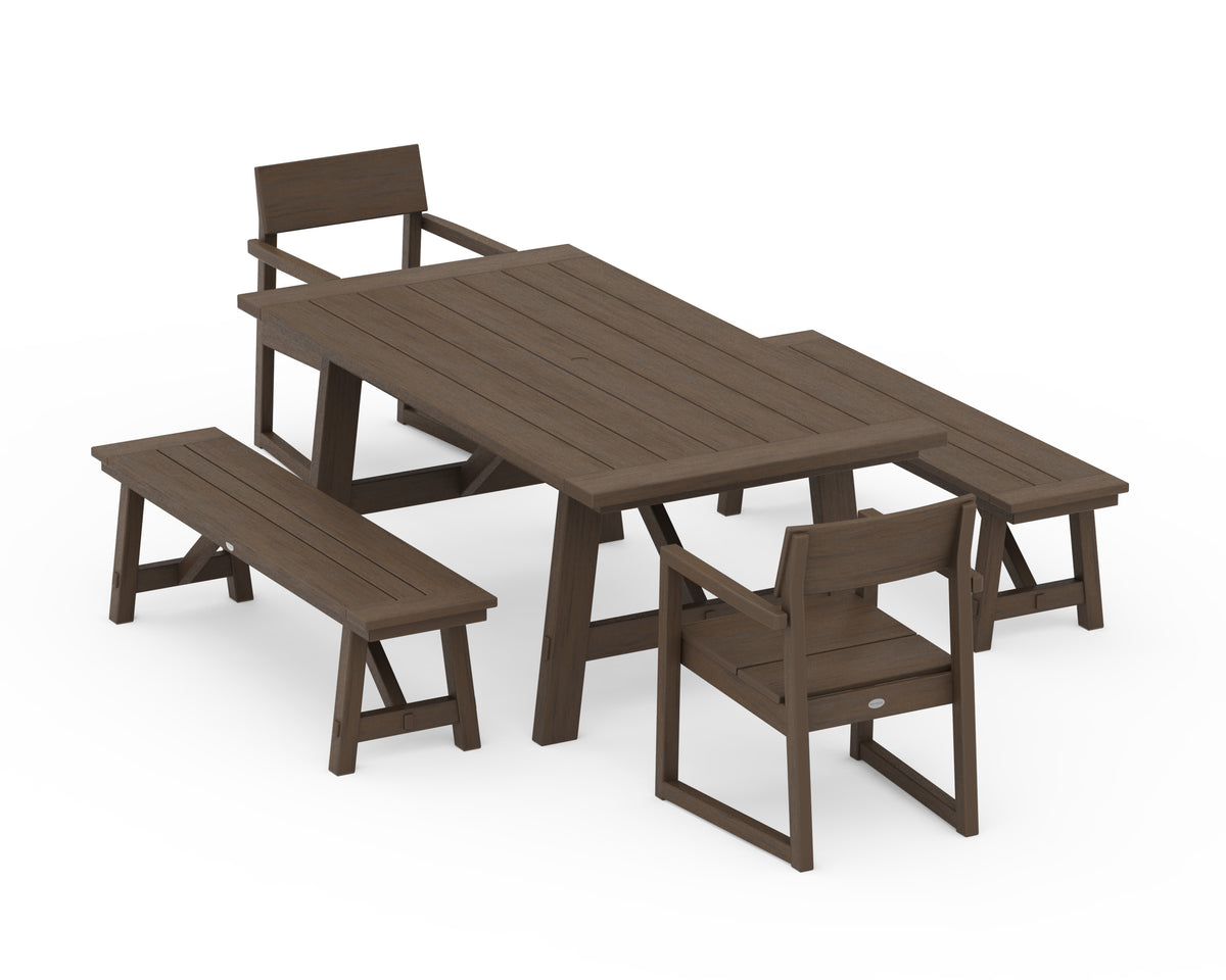 POLYWOOD EDGE 5-Piece Rustic Farmhouse Dining Set with Benches in Kona