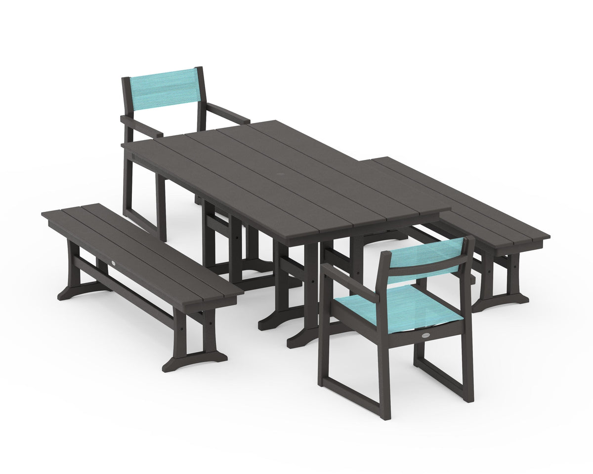 POLYWOOD EDGE Sling Arm Chair 5-Piece Farmhouse Dining Set with Benches in Vintage Coffee / Dupioni Aquamarine