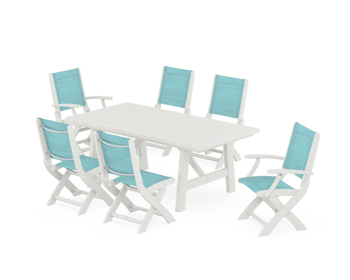 POLYWOOD Coastal Folding Chair 7-Piece Rustic Farmhouse Dining Set in Vintage White / Dupioni Aquamarine