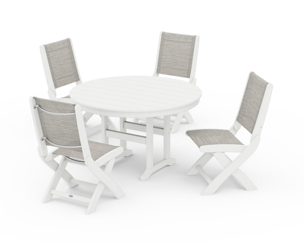 POLYWOOD Coastal Folding Side Chair 5-Piece Round Dining Set in White / Birch