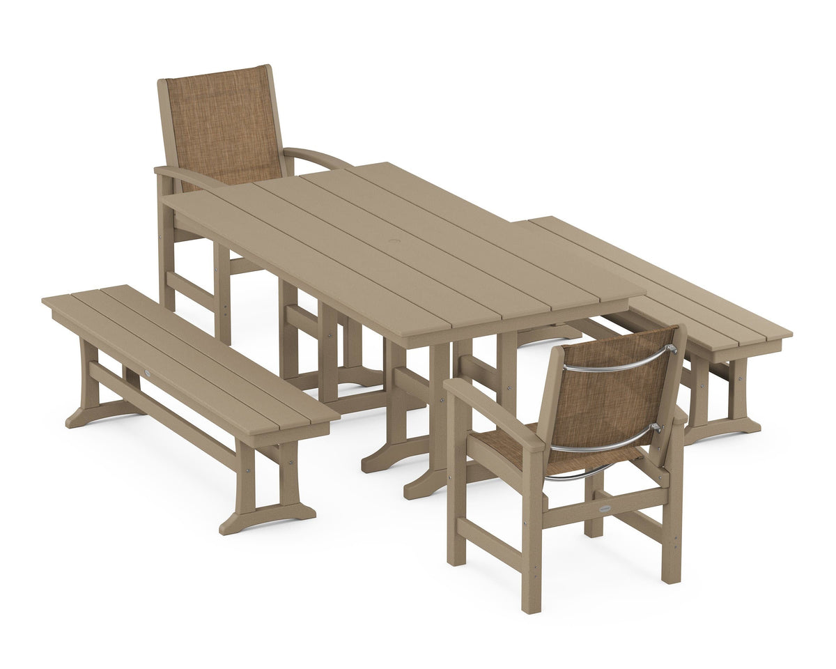 POLYWOOD Coastal 5-Piece Farmhouse Dining Set with Farmhouse 37" x 72" Dining Table in Vintage Sahara / Burlap