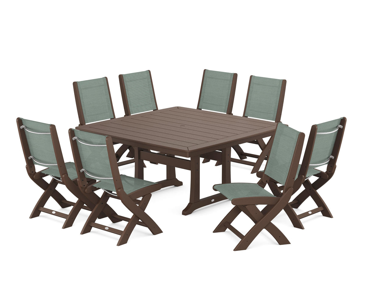 POLYWOOD Coastal Folding Side Chair 9-Piece Dining Set with Trestle Legs in Mahogany / Dupioni Sea Mist