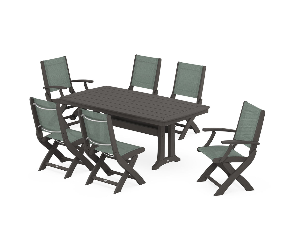POLYWOOD Coastal Folding Chair 7-Piece Dining Set with Trestle Legs with Nautical Trestle 38" x 73" Dining Table in Vintage Coffee / Dupioni Sea Mist