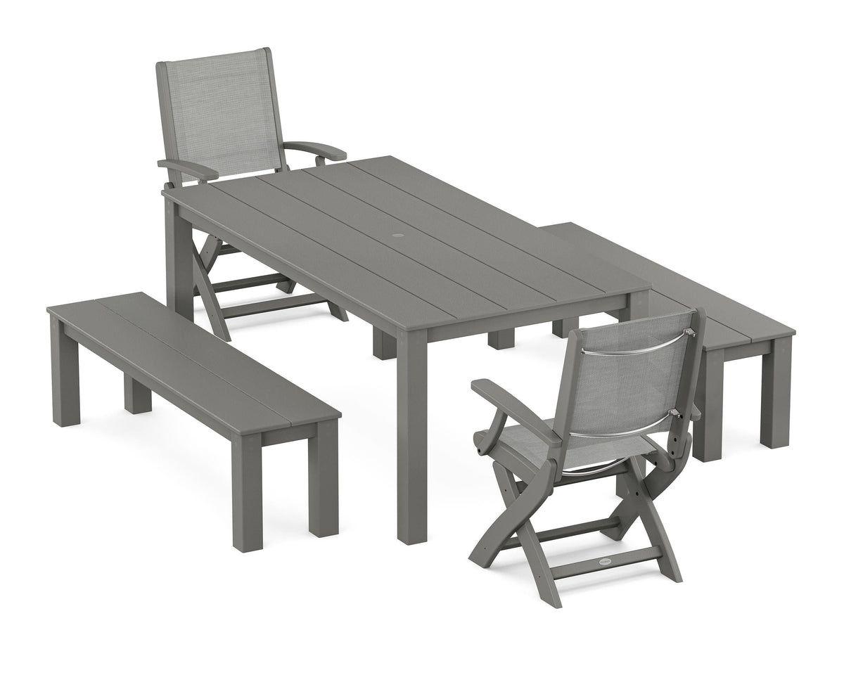 POLYWOOD Coastal Folding Chair 5-Piece Parsons Dining Set with Benches in Slate Grey / Metallic