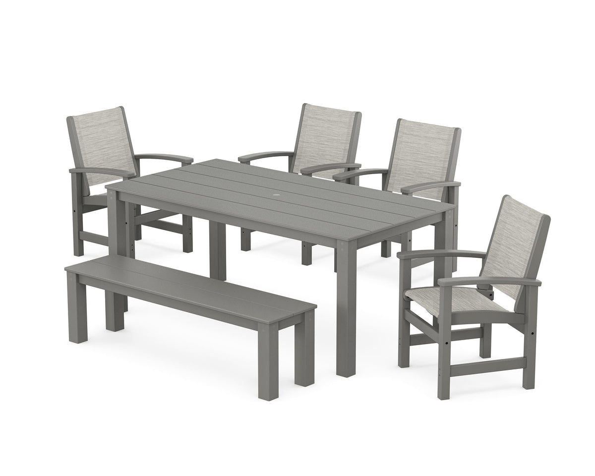 POLYWOOD Coastal 6-Piece Parsons Dining Set with Bench in Slate Grey / Birch