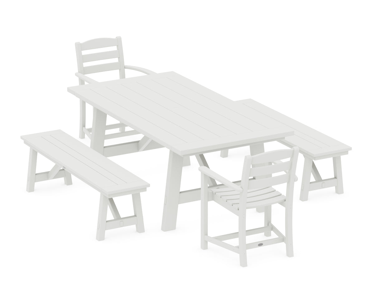 POLYWOOD La Casa Café 5-Piece Rustic Farmhouse Dining Set with Benches in Vintage White