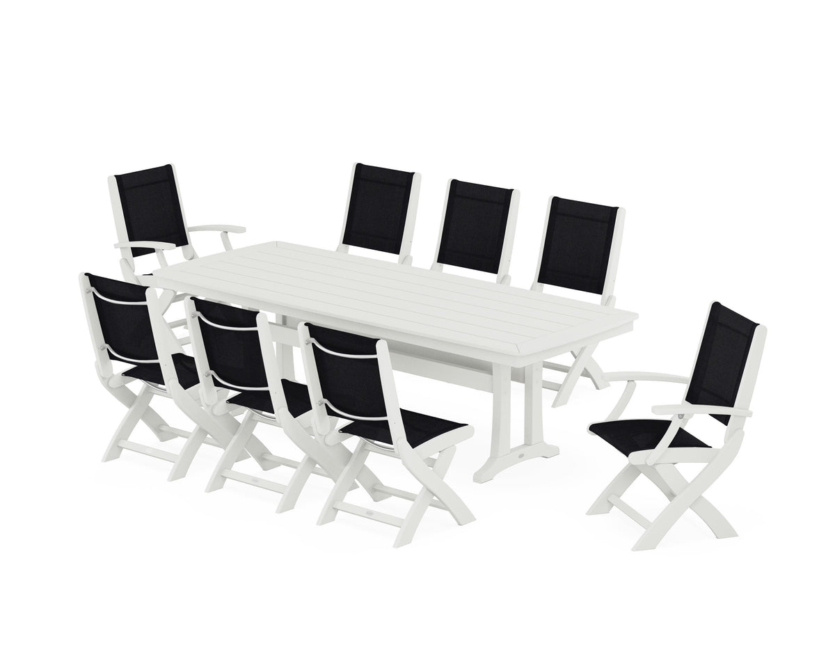POLYWOOD Coastal Folding 9-Piece Dining Set with Trestle Legs in Vintage White / Black