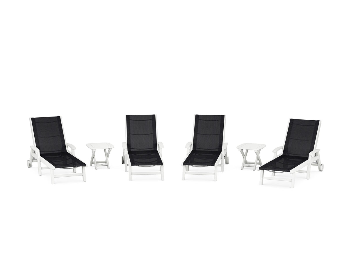 POLYWOOD Coastal Chaise 6-Piece Set with Wheels in White / Black